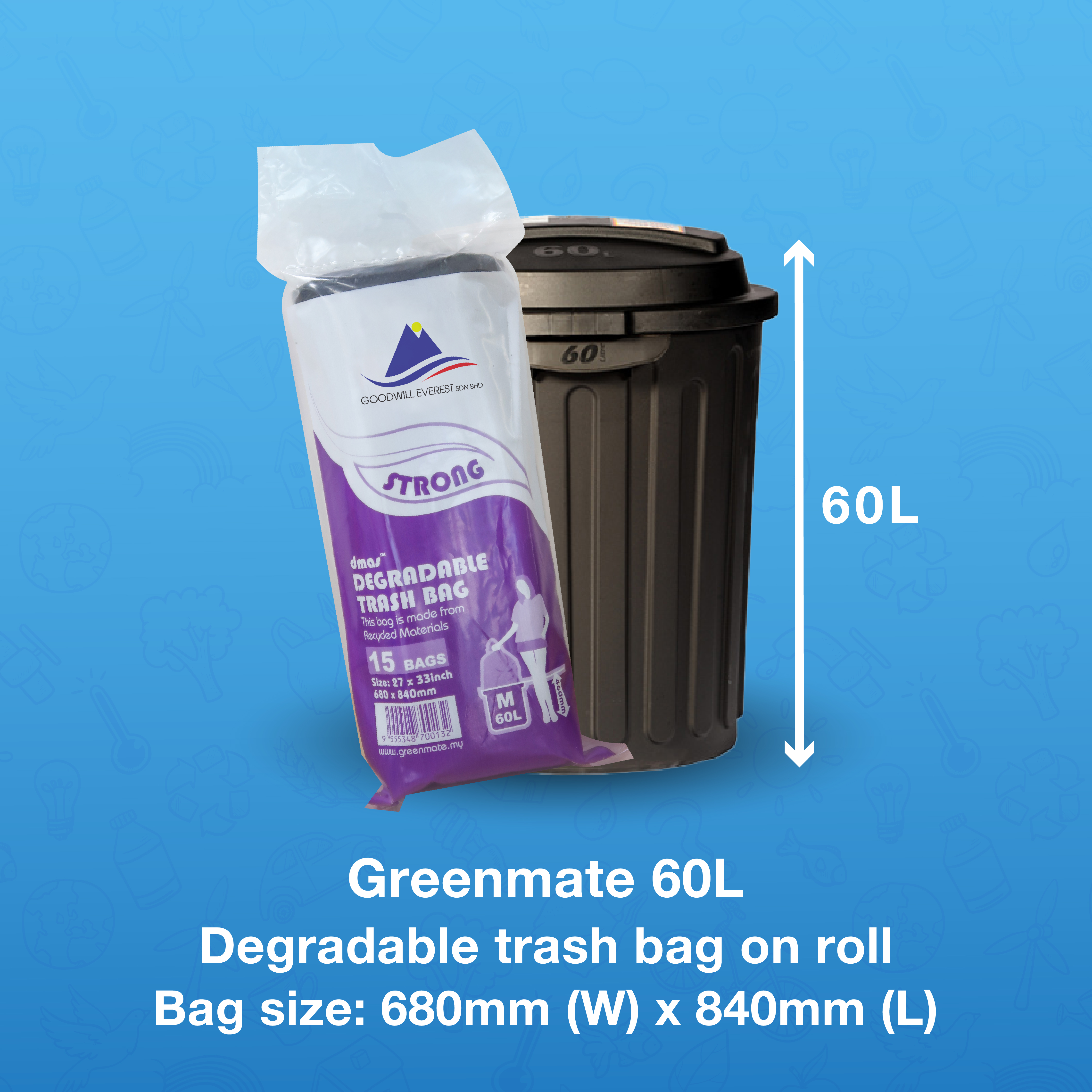 60L Greenmate Oxo-Biodegradable Garbage Bag, 15 pcs